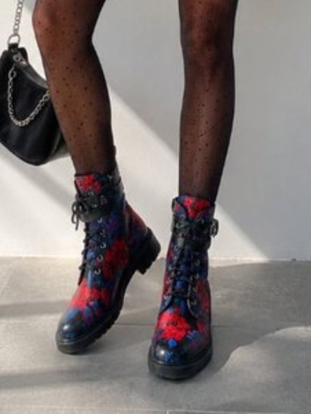 ShoeDazzle Floral Combat Boots | Black Red Blue Lace-Up Buckle Boots | Size 9